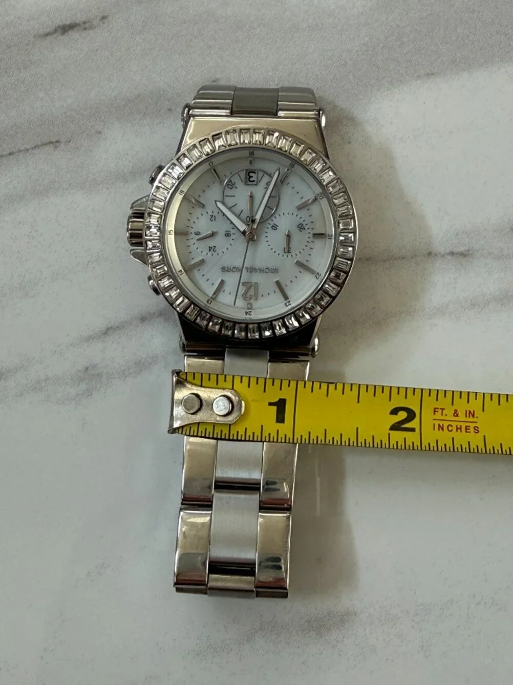 Michael Kors MK5411 Dylan Crystal Bezel Mother of Pearl Silver Chronograph Watch